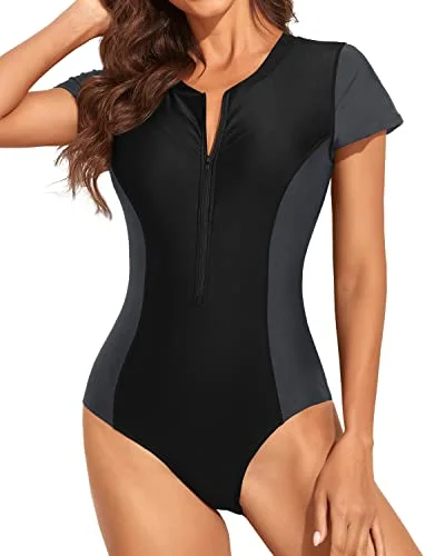 Women's Sequined Mini One - Pieces in Gold for a Glamorous New Year's Eve PartyOne Piece Uv Block Fabric Rash Guard Bathing Suit Women-Black And Gray
