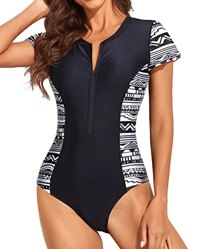 Plus Size Women's Animal Print One - Pieces in Leopard for a Bold and Trendy StatementSlim Fit Short Sleeve Rash Guard One Piece Swimsuit Zip Up Bathing Suit Women-Black Tribal