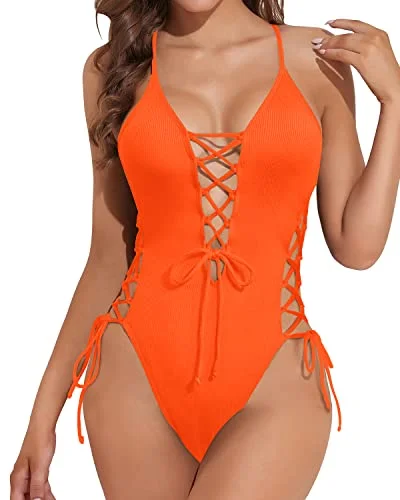 Strappy Lace Up Openings Bathing Suits Womens 1 Piece Swimsuits-Neon Orange