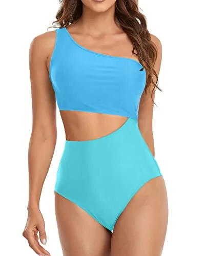 Plus Size Women's Animal Print One - Pieces in Leopard for a Bold and Trendy StatementWomen's High Waisted One Piece Cutout One Shoulder Swimsuit-Blue And Blue