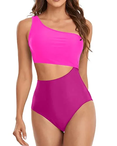Women's Sequined Mini One - Pieces in Gold for a Glamorous New Year's Eve PartyAsymmetric One Shoulder Neckline Cutout One Piece Swimsuits-Phosphor And Dark Pink