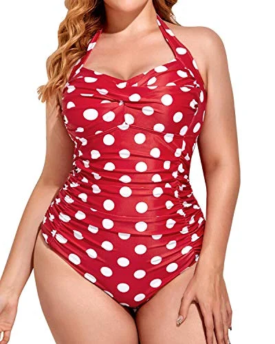 Women's Lace - Embellished One - Pieces in Cream for a Romantic and Vintage - Inspired LookTummy Control Plus Size Slimming One Piece Swimsuit-Red Dot