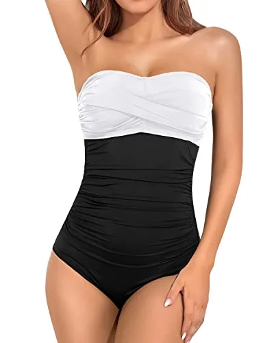 Plus Size Women's Ruffled Hem One - Pieces in Pink for a Feminine and Flirty Summer OutfitTwist Front Strapless One Piece Swimsuit Tummy Control Bandeau Bathing Suits-White